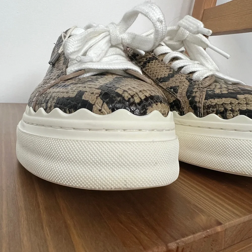 Chloe Lauren Snakeskin Embossed Leather Scalloped Low Top Sneakers Brown 38 - Picture 8 of 11
